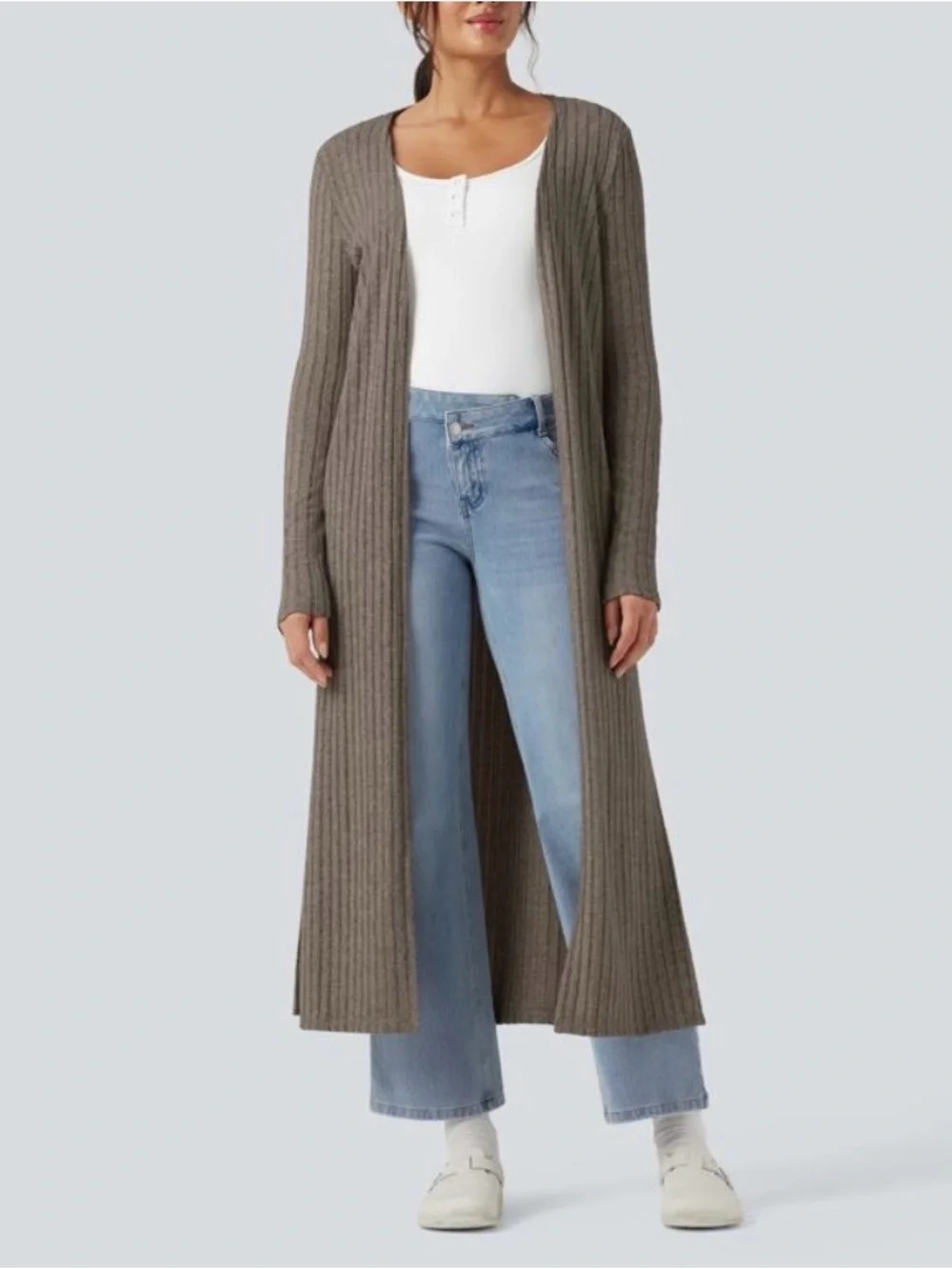 Ribbed Knit Long Sleeve Split Casual Longline Coat - Mottled Wood Brown M